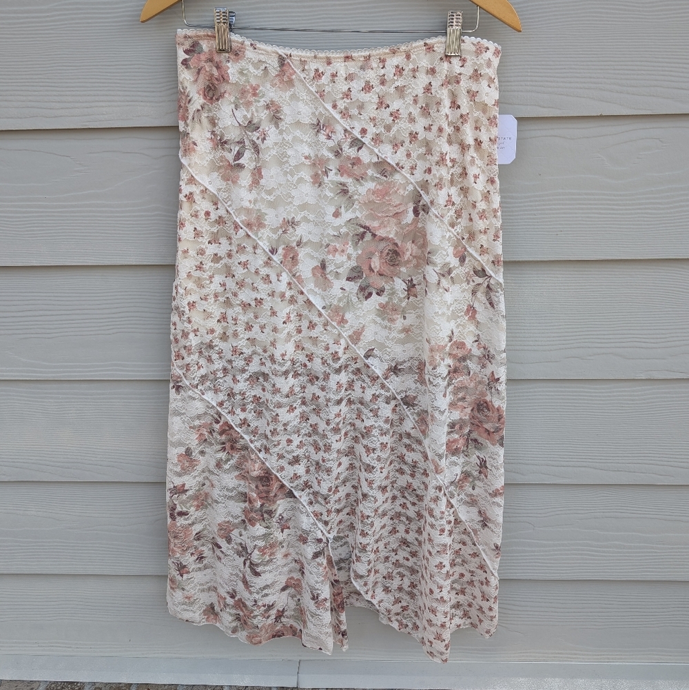 Altar'd State Skirt NWT Size L Cream Red Midi Lace Details Boho Pull On Floral - Picture 5 of 9